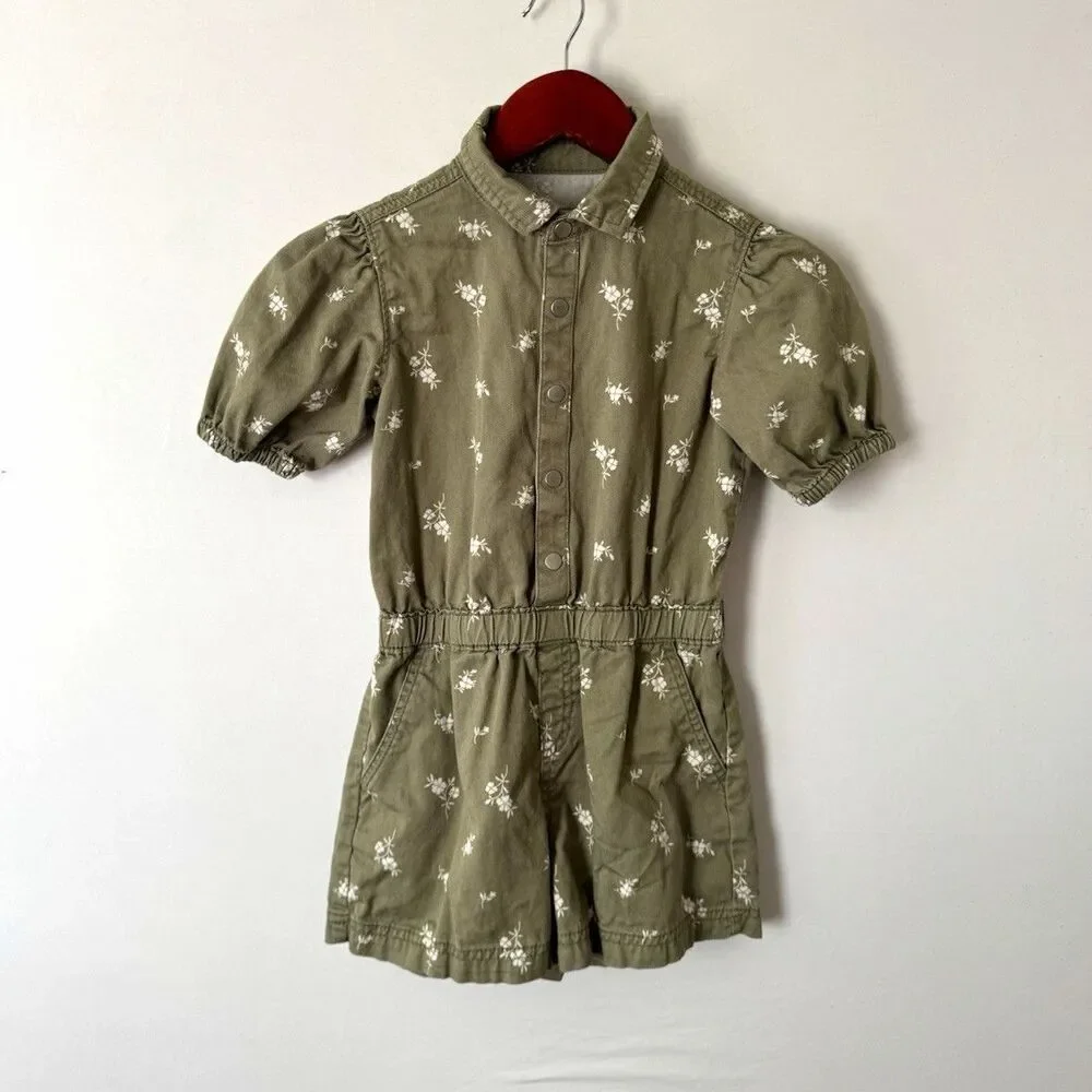 Old Navy Girls M Green/White Floral Woven Cotton Romper Collared Pockets